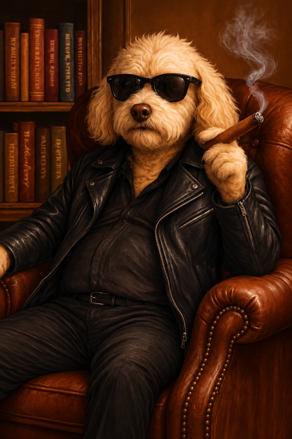 Big Dog sitting on a chair, smoking a cigar